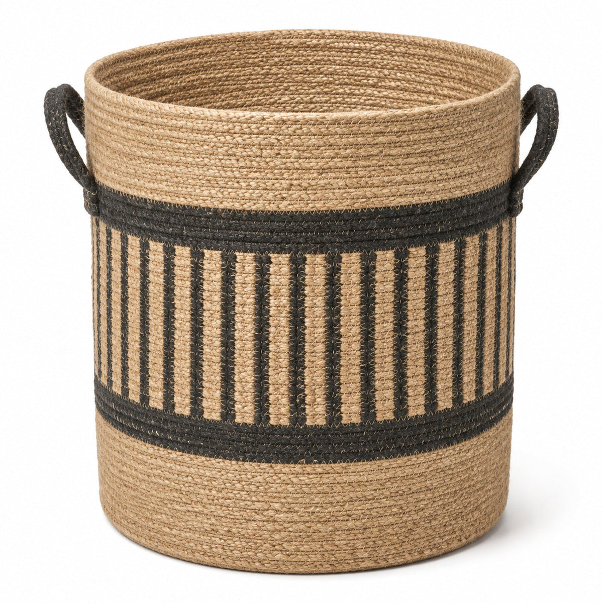 Tall handwoven natural jute storage basket with dusty blue braided stripes and handles - Primeval