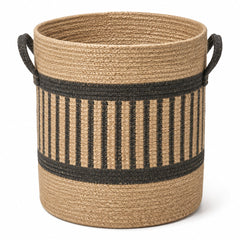Tall handwoven natural jute storage basket with dusty blue braided stripes and handles - Primeval
