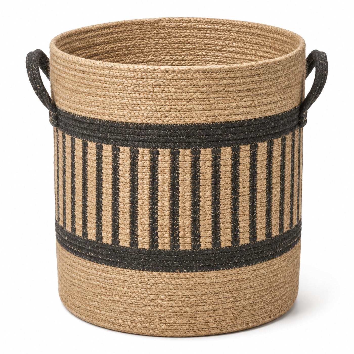 Tall handwoven natural jute storage basket with dusty blue braided stripes and handles - Primeval