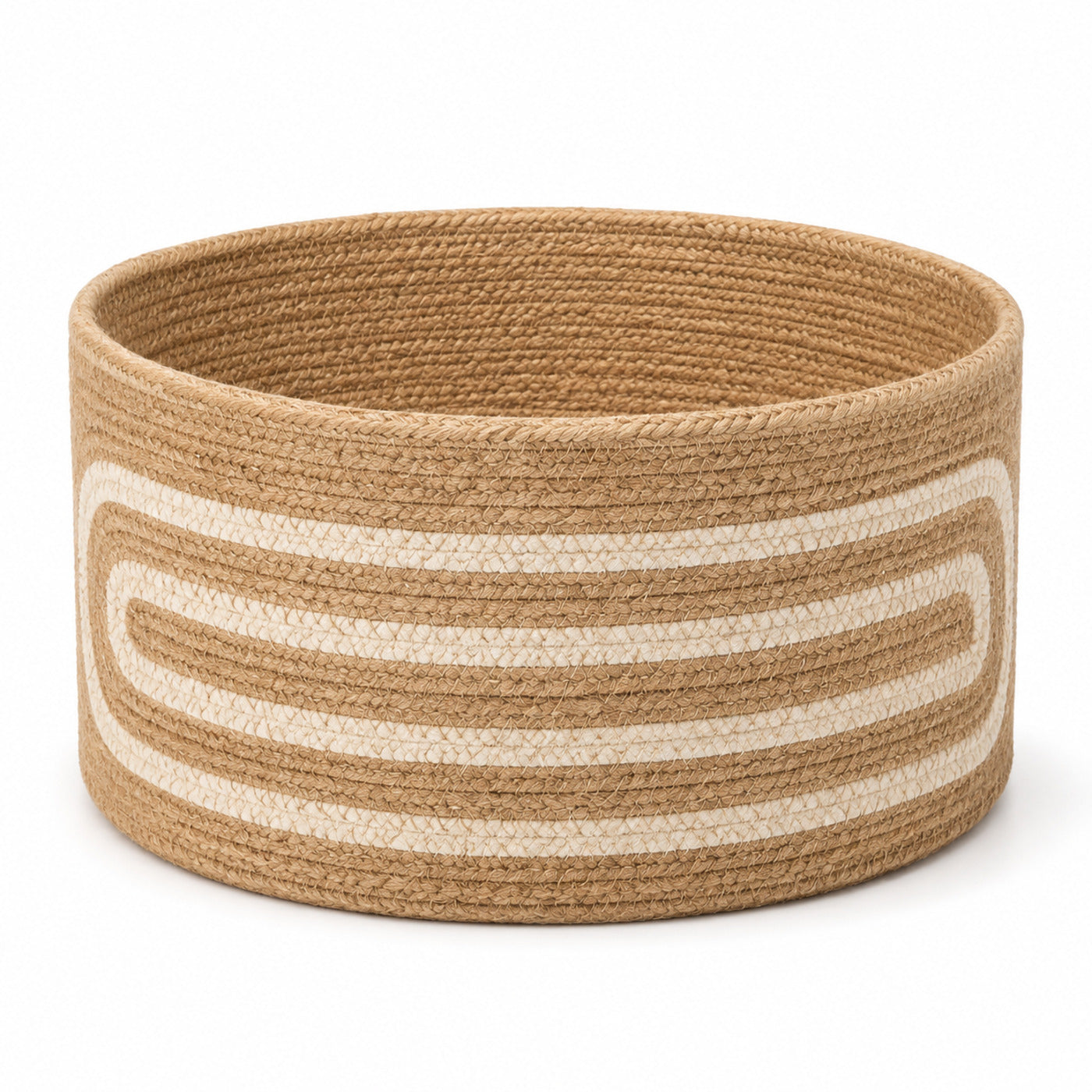 Round handwoven natural jute storage basket with sage green woven band and handles - Primeval