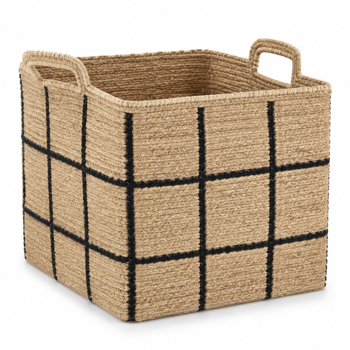 Handwoven round jute storage basket with sage green and ivory stripes and woven handles - Primeval