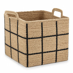 Handwoven round jute storage basket with sage green and ivory stripes and woven handles - Primeval