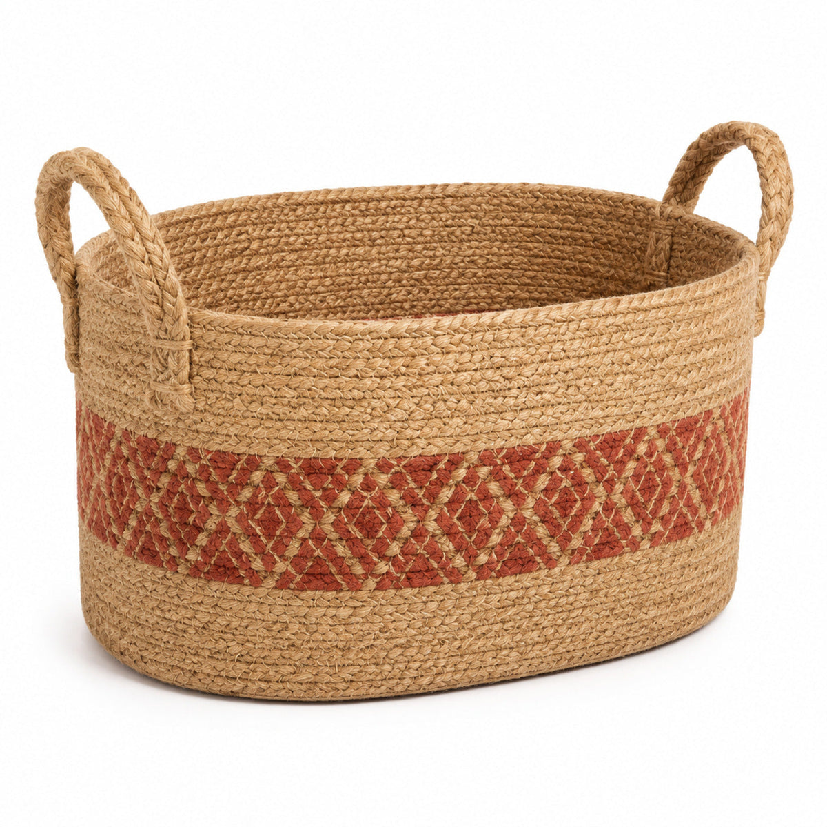 Scandinavian geometric natural jute storage basket with ivory and black diamond pattern - Primeval