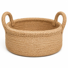 Low round natural jute storage basket with oversized braided handles and thick reinforced rim - Primeval