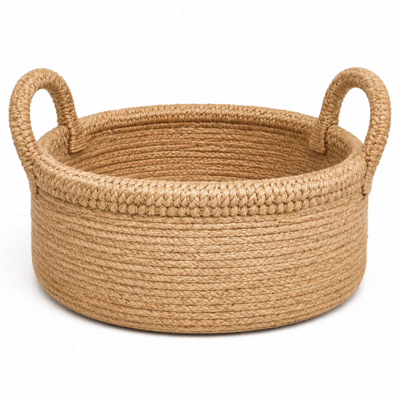 Low round natural jute storage basket with oversized braided handles and thick reinforced rim - Primeval