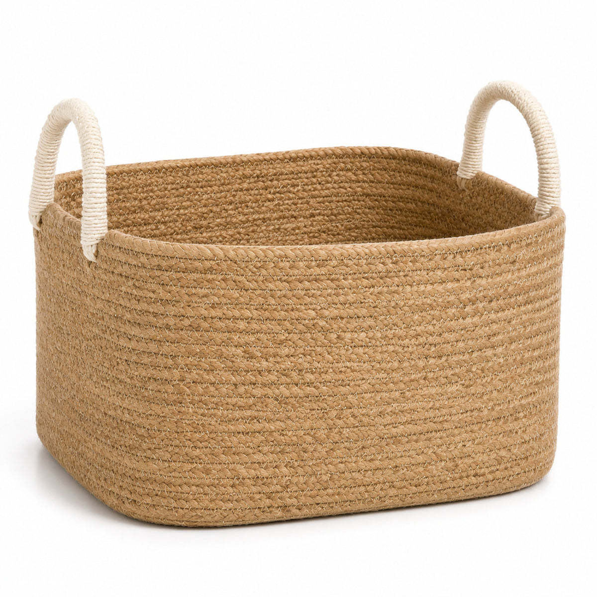 Handwoven natural jute storage basket with contrasting ivory rope handles for neutral home organization - Primeval