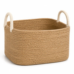 Handwoven natural jute storage basket with contrasting ivory rope handles for neutral home organization - Primeval