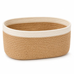Soft beige handwoven jute storage basket with contrasting ivory cream upper rim - Primeval