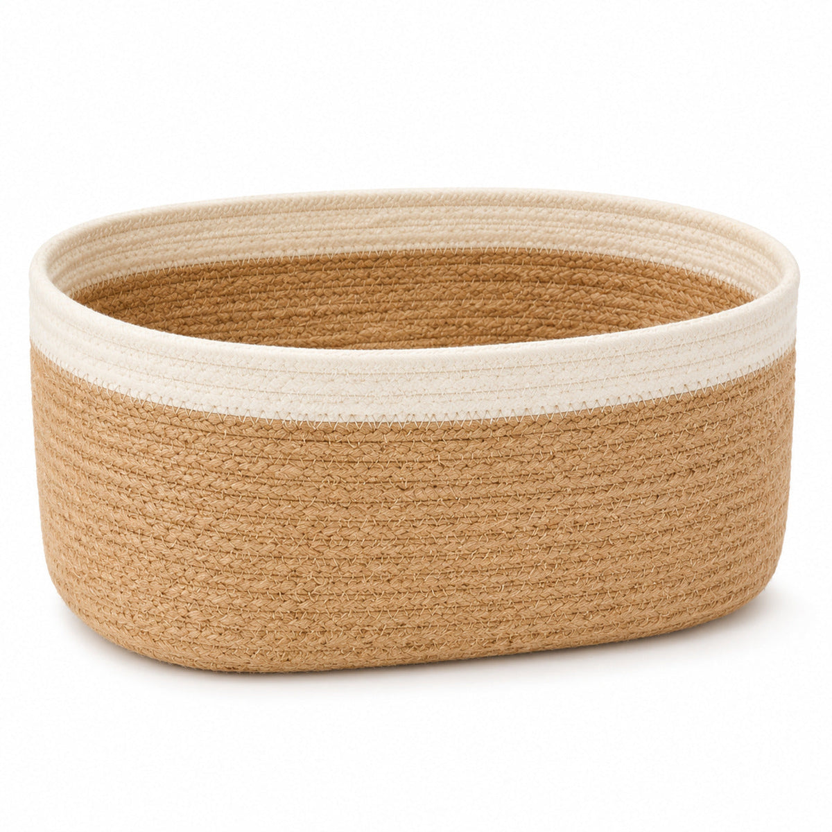 Soft beige handwoven jute storage basket with contrasting ivory cream upper rim - Primeval