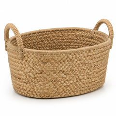 Handcrafted oval natural jute storage basket with thick rope side handles - Primeval