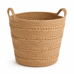 Natural jute storage basket with alternating fine weave and chunky braided texture rows - Primeval