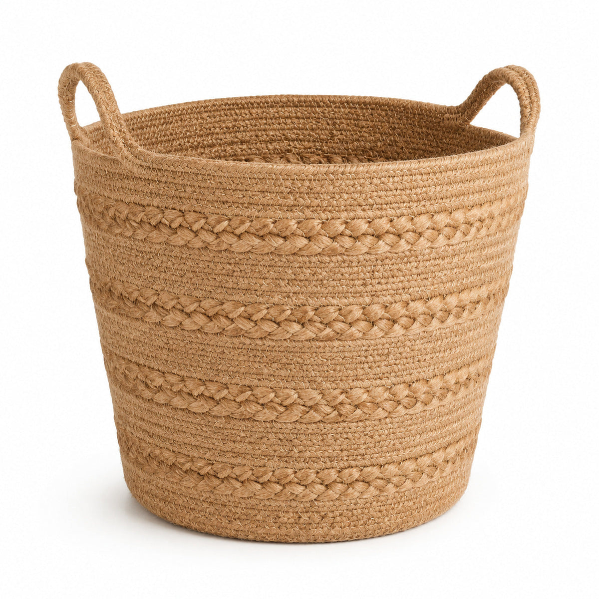 Natural jute storage basket with alternating fine weave and chunky braided texture rows - Primeval