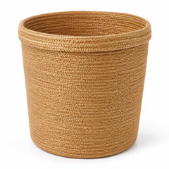 Warm honey toned tall handwoven jute storage basket with refined reinforced rim - Primeval