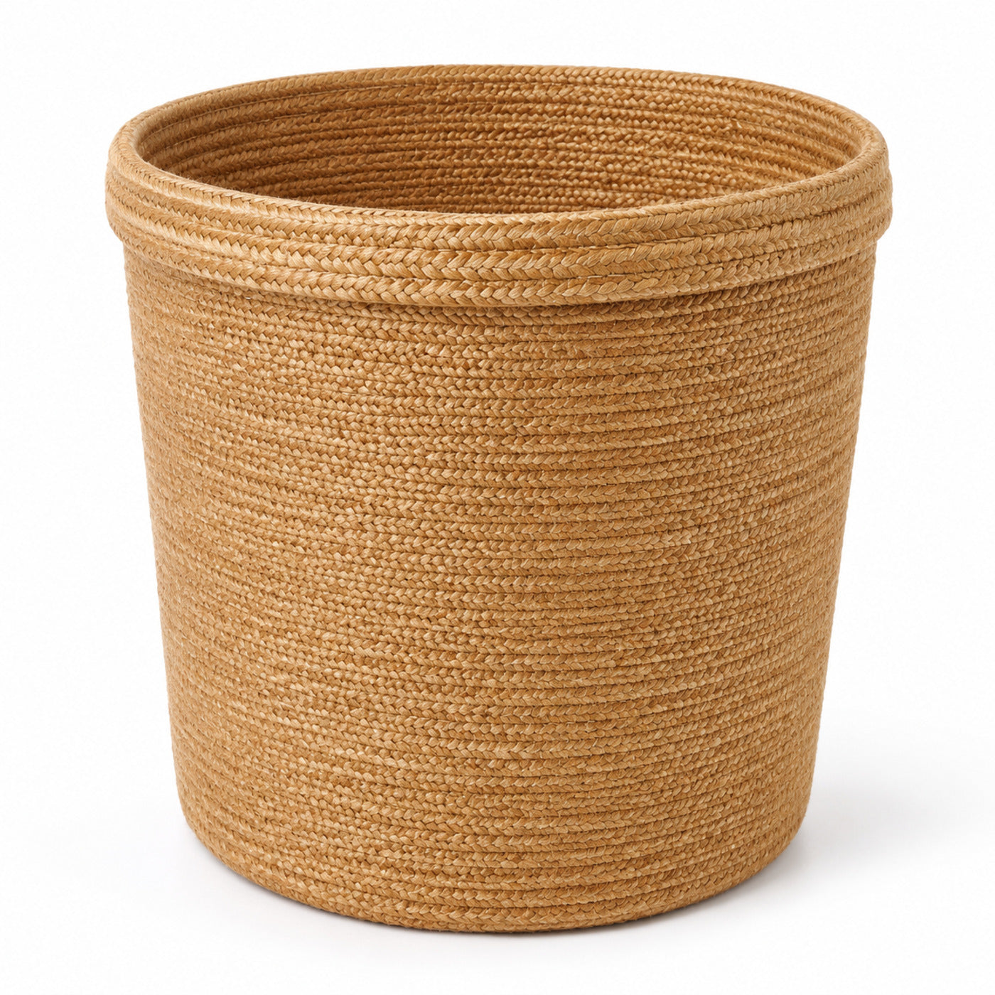 Warm honey toned tall handwoven jute storage basket with refined reinforced rim - Primeval
