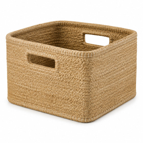 Structured rectangular natural jute storage basket with integrated side handles for shelf organization - Primeval