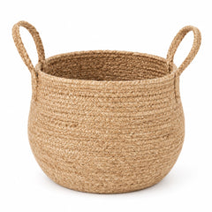 Premium rounded natural jute storage basket with braided side handles and refined artisan finish - Primeval