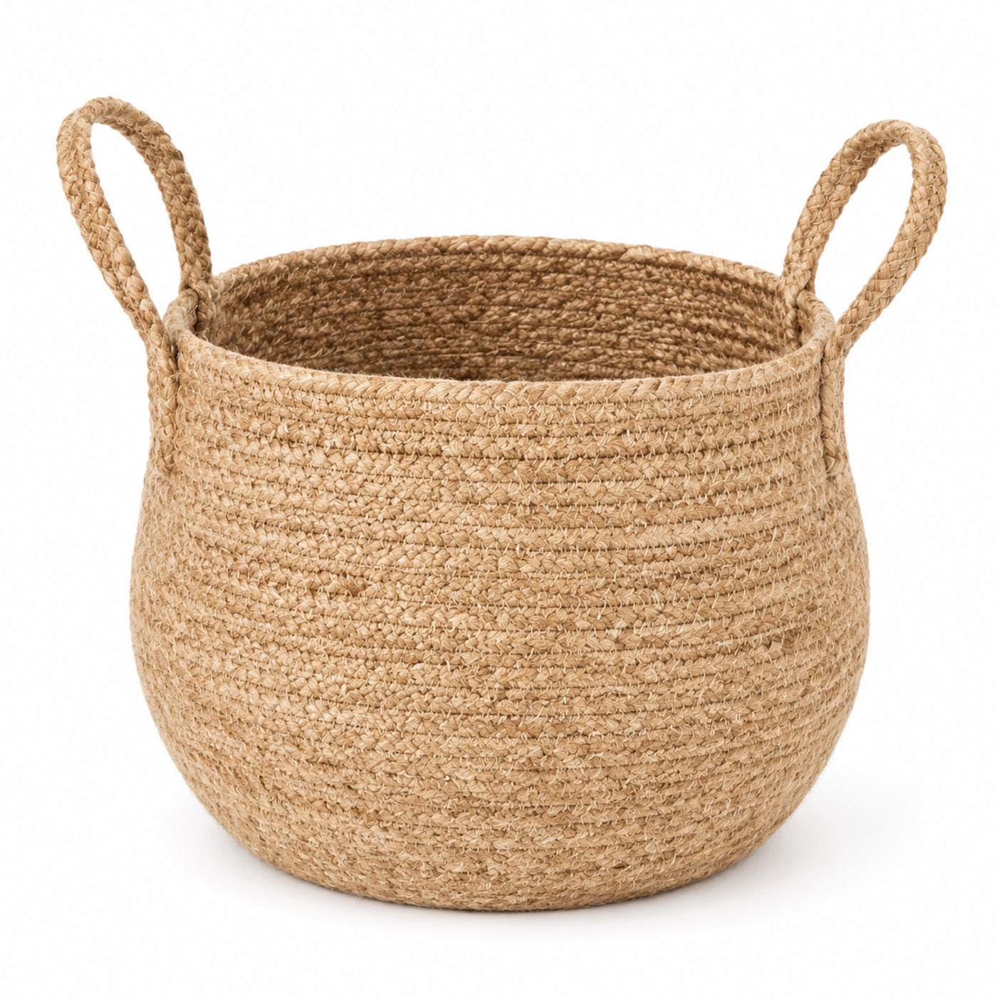Premium rounded natural jute storage basket with braided side handles and refined artisan finish - Primeval