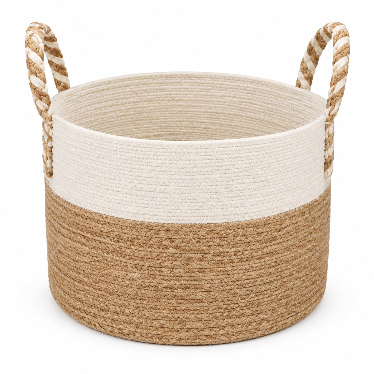 Natural and ivory colour-block handwoven jute storage basket with braided side handles - Primeval