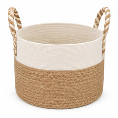 Natural and ivory colour-block handwoven jute storage basket with braided side handles - Primeval