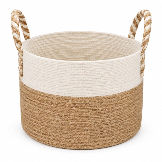 Natural and ivory colour-block handwoven jute storage basket with braided side handles - Primeval