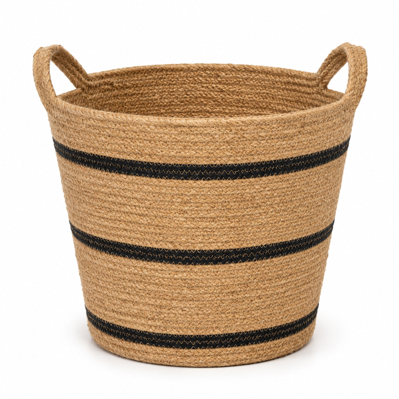 Natural jute storage basket with minimalist black horizontal woven bands - Primeval