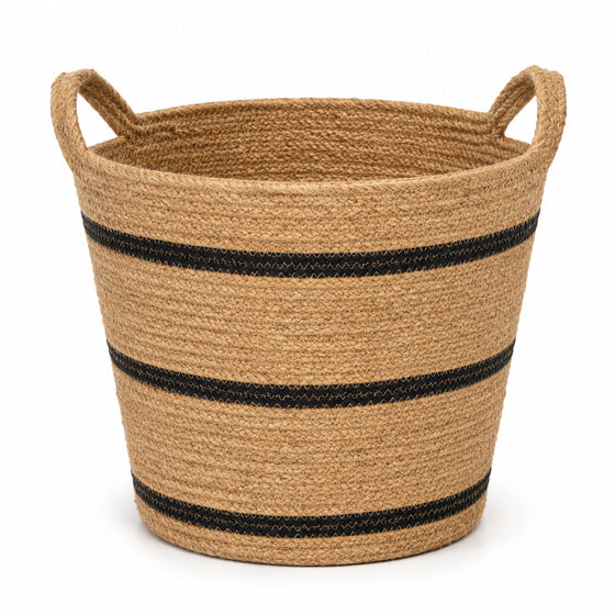 Natural jute storage basket with minimalist black horizontal woven bands - Primeval