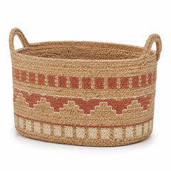 Natural jute storage basket with terracotta and cream decorative woven detailing - Primeval