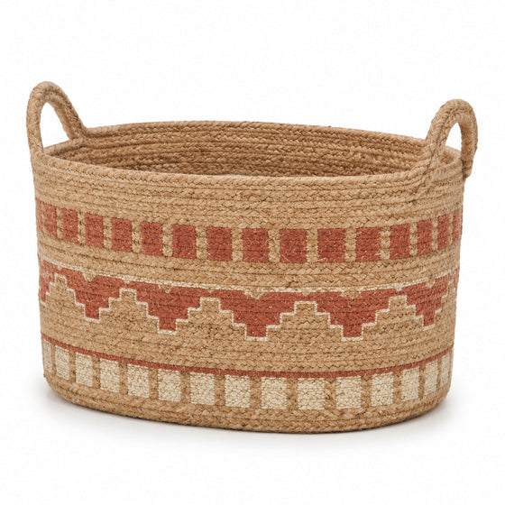 Natural jute storage basket with terracotta and cream decorative woven detailing - Primeval