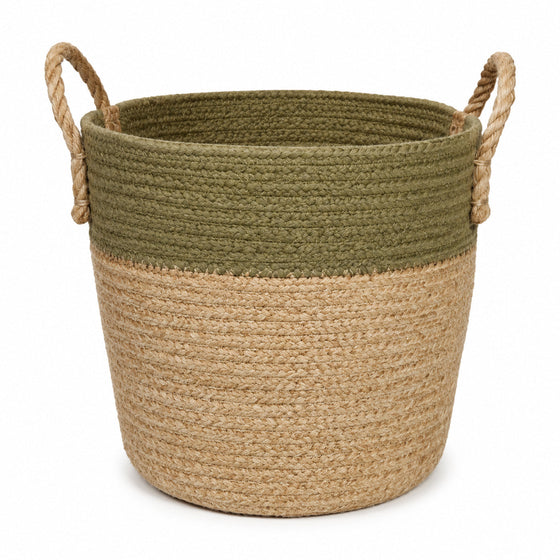 Premium natural jute storage basket with olive woven accent and natural fibre base - Primeval