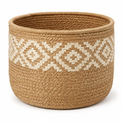 Round natural jute storage basket with ivory geometric woven border - Primeval
