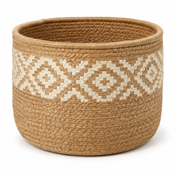 Round natural jute storage basket with ivory geometric woven border - Primeval