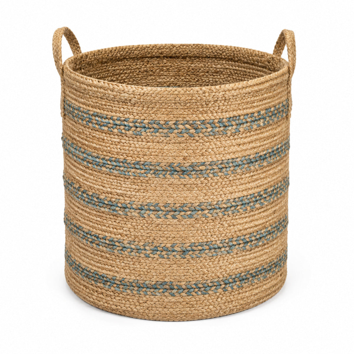Tall natural jute storage basket with muted blue braided stripe details - Primeval