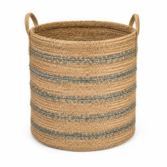 Tall natural jute storage basket with muted blue braided stripe details - Primeval