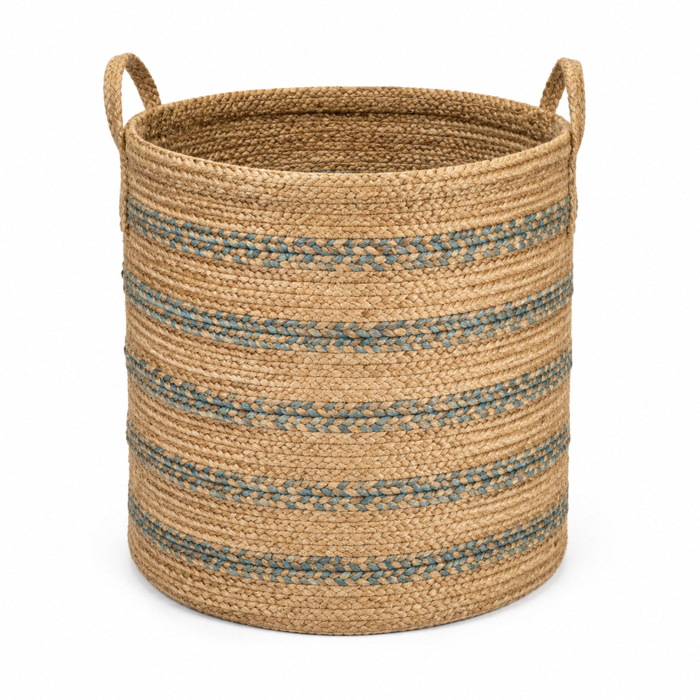 Tall natural jute storage basket with muted blue braided stripe details - Primeval