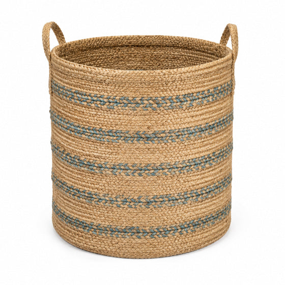 Tall natural jute storage basket with muted blue braided stripe details - Primeval