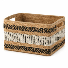 Natural jute storage basket with black and cream contemporary woven pattern - Primeval