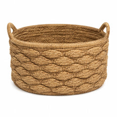Honey beige sculpted braided jute storage basket with sturdy side handles - Primeval