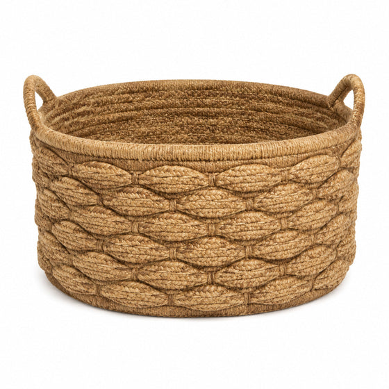 Honey beige sculpted braided jute storage basket with sturdy side handles - Primeval
