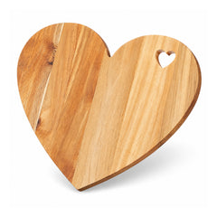 Heart-shaped light honey-brown wooden cutting and serving board with a small heart-shaped opening near its upper edge