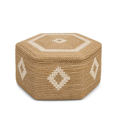 Hexagonal natural jute pouf with ivory geometric accents