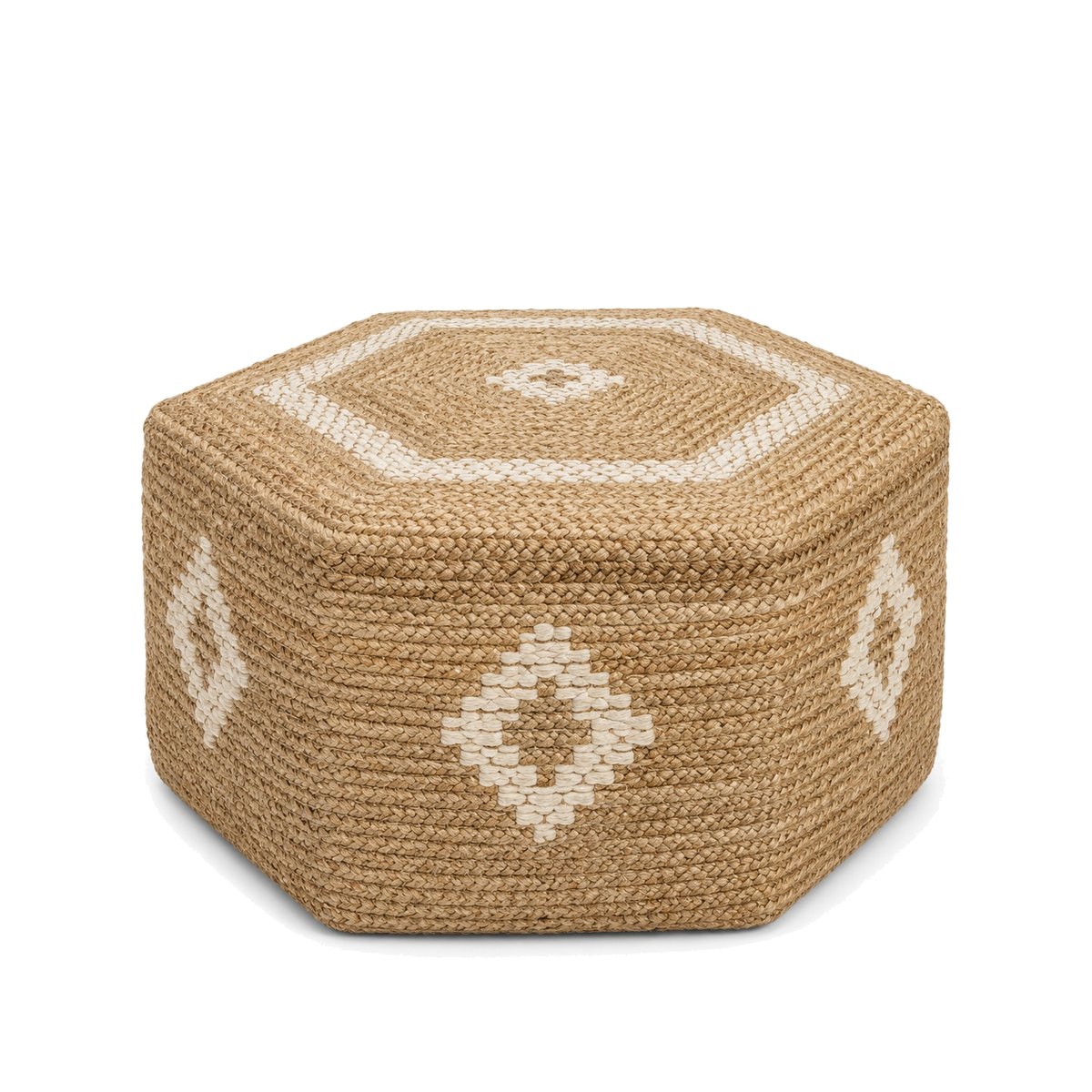 Hexagonal natural jute pouf with ivory geometric woven pattern