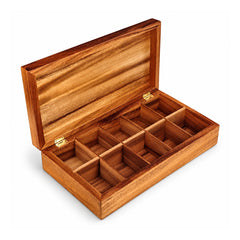 Rectangular warm brown wooden organizer box with hinged lid, brass-tone fittings and multiple open compartments