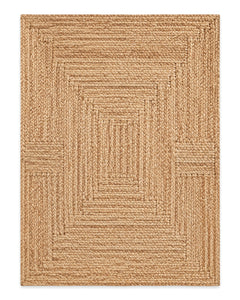 Honey beige braided area rug with thick concentric rectangular bands on a white background.