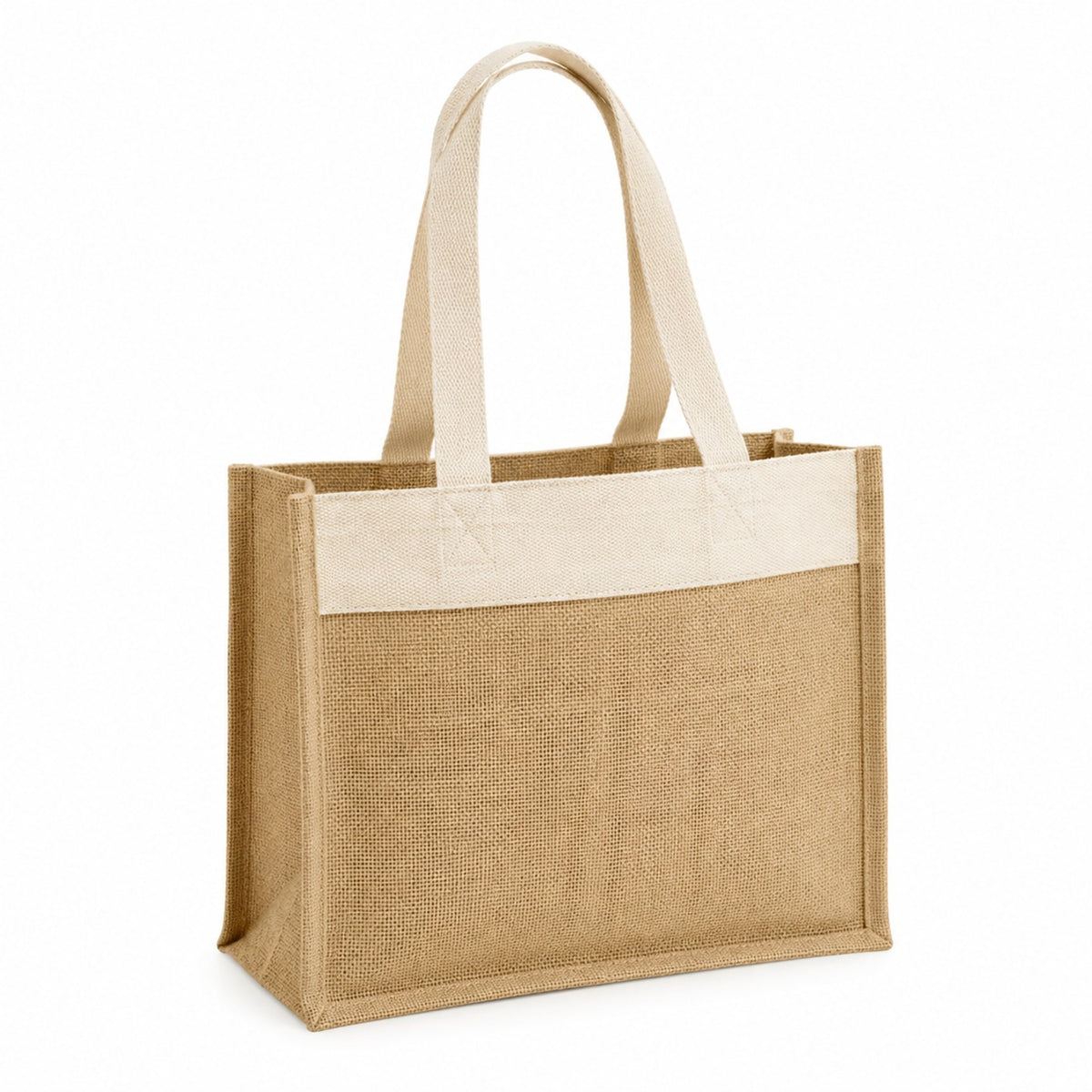 Honey beige jute tote bag with ivory top trim and natural handles on a white background.