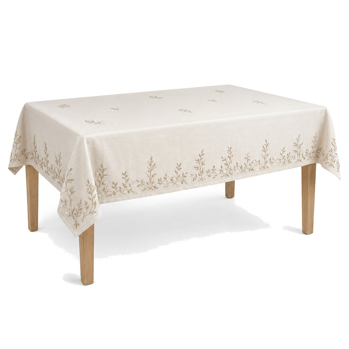 Primeval ivory beige botanical embroidery tablecloth displayed on a rectangular dining table