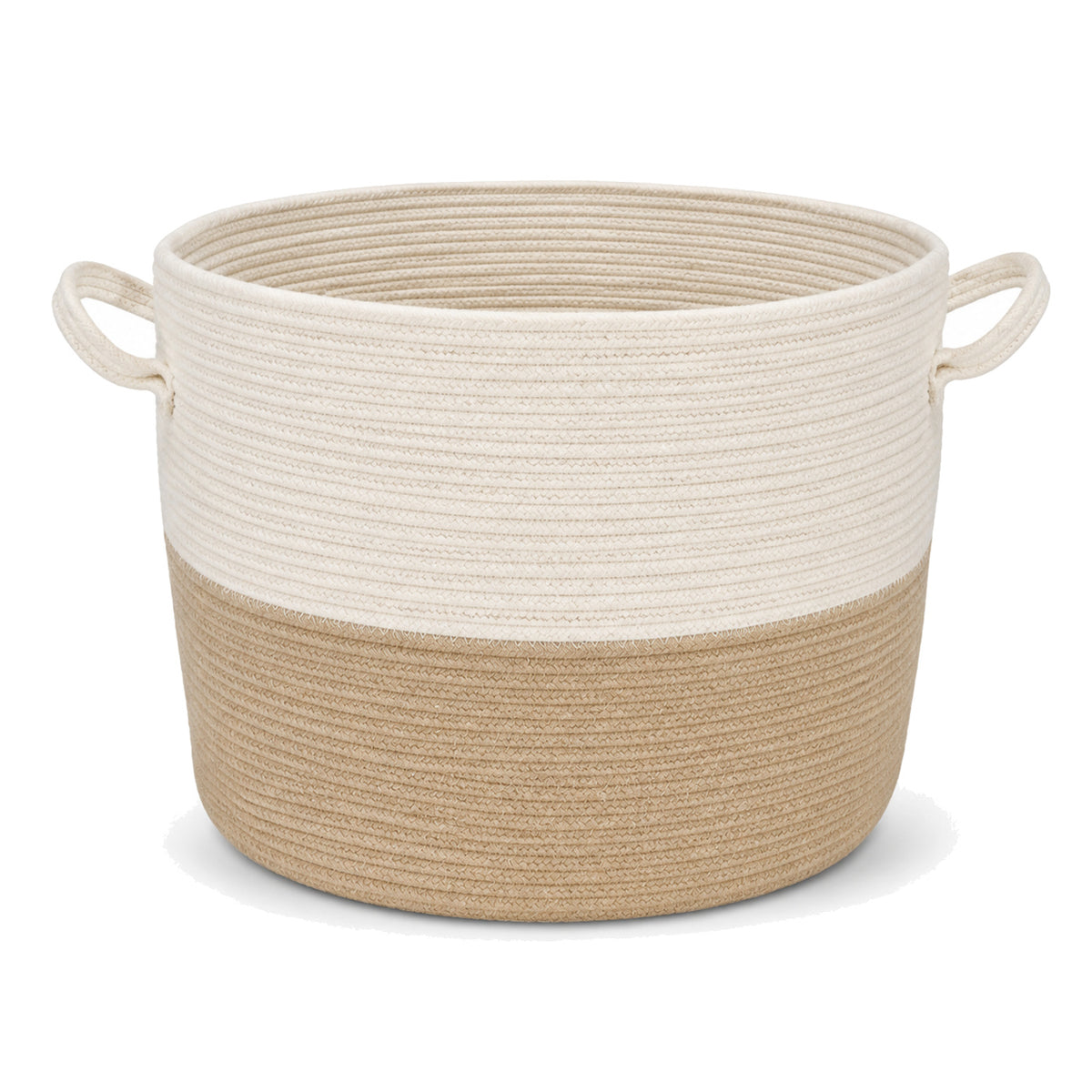 Primeval ivory and beige cotton rope laundry basket with side handles on a white background