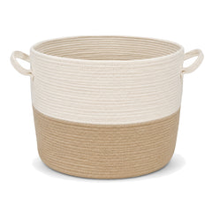 Primeval ivory and beige cotton rope laundry basket with side handles on a white background
