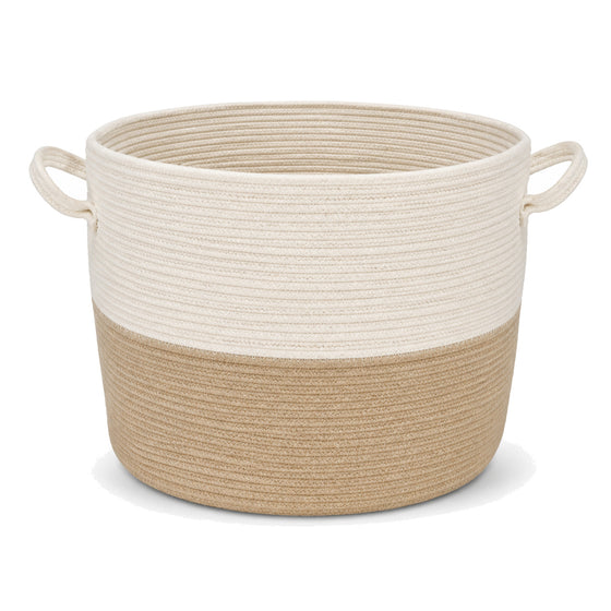 Primeval ivory and beige cotton rope laundry basket with side handles on a white background