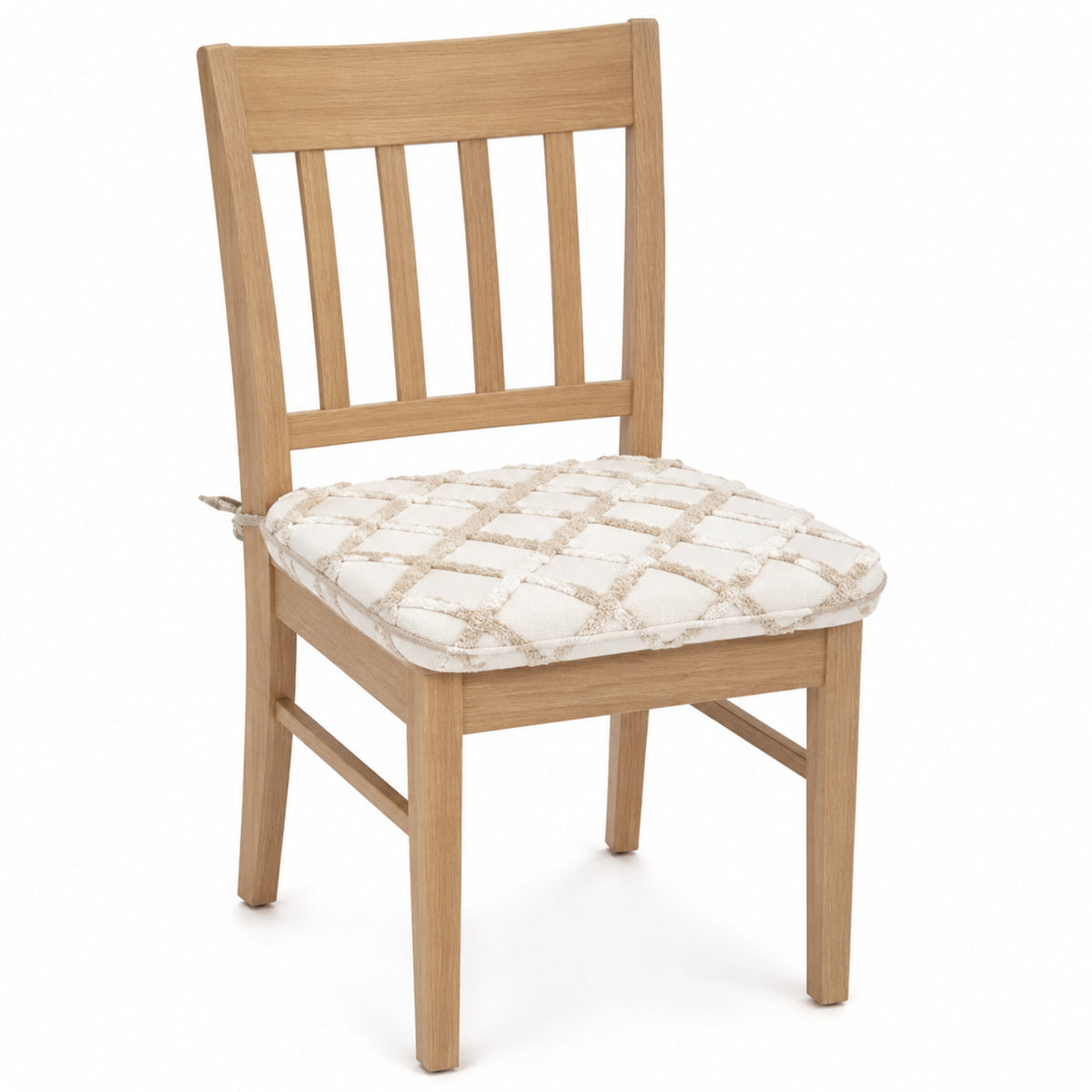 Primeval ivory and beige diamond tufted dining chair pad with tie straps on wooden dining chair