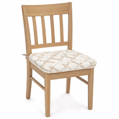 Primeval ivory and beige diamond tufted dining chair pad with tie straps on wooden dining chair